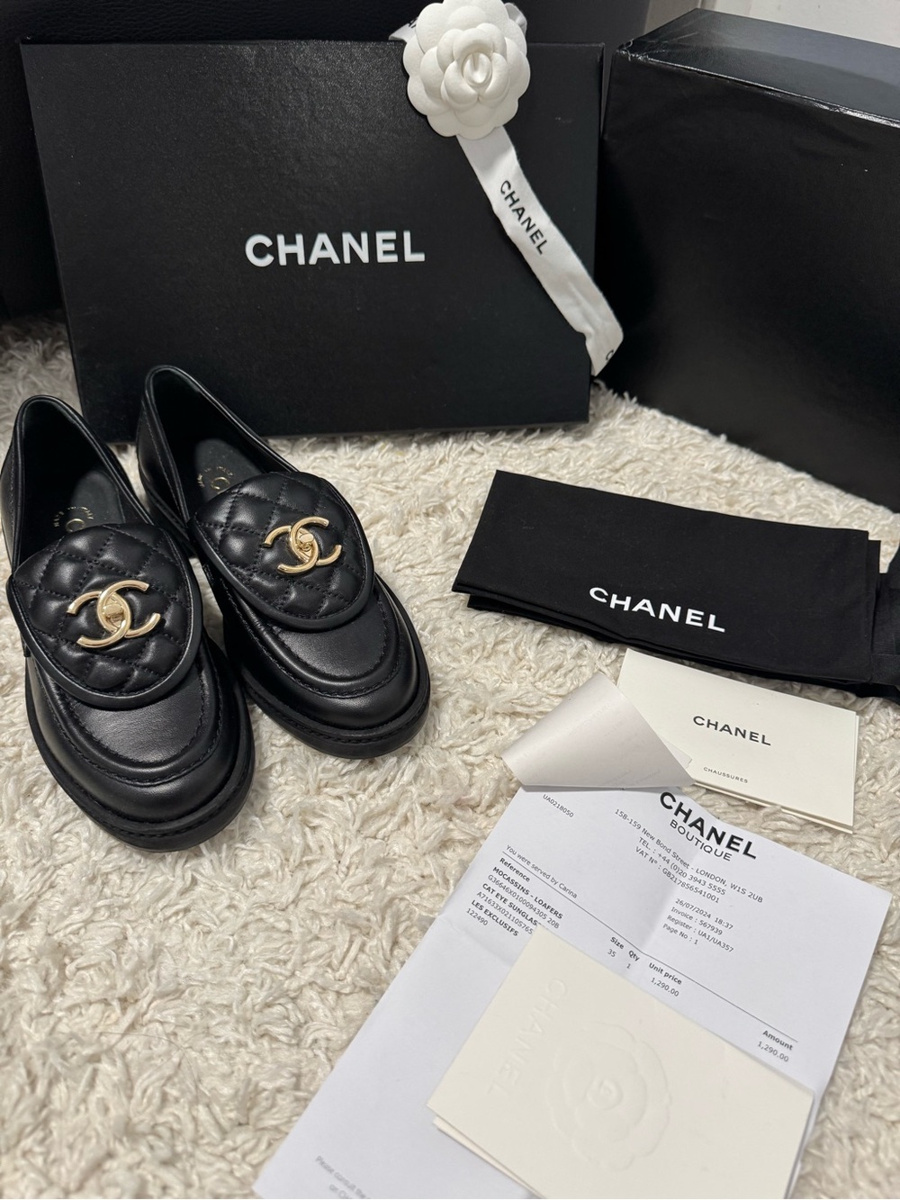 Chanel CC Quilted Leather Loafers Black Gold EU 35 w/ Box Receipt